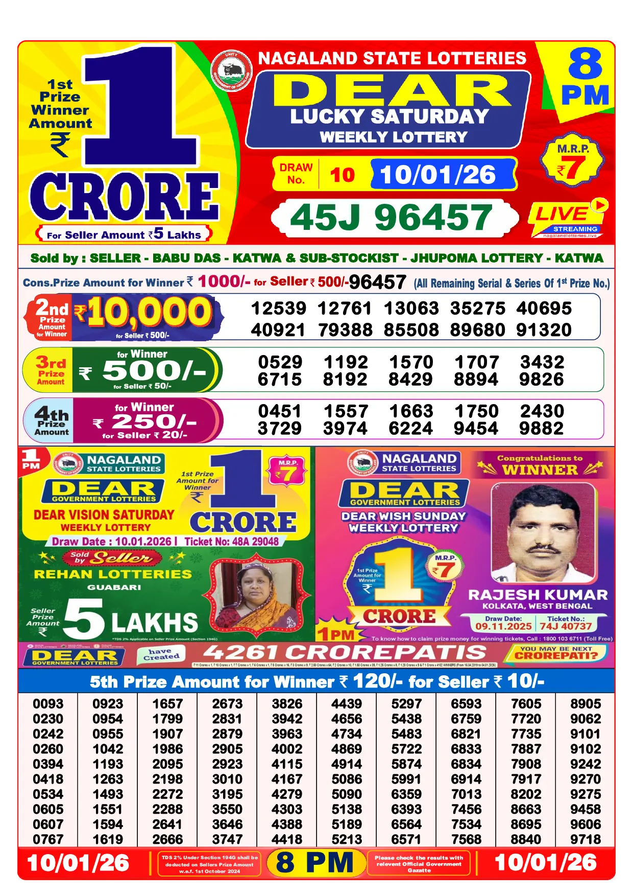 Check Dear Lottery Result Today 8 PM live on dearlottery7.com for winning numbers.